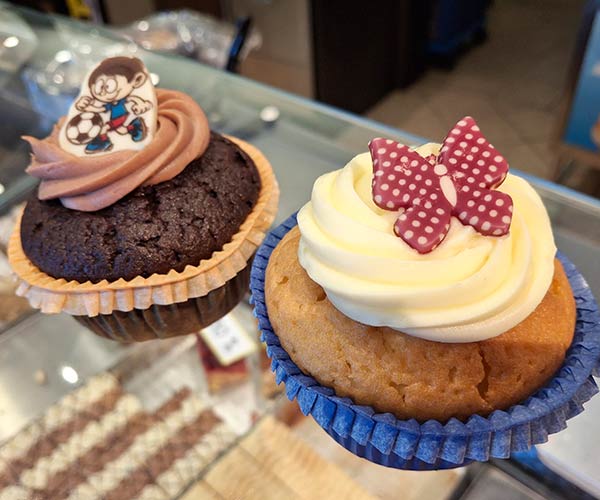 Ein Muffin aus dunklem Teig und ein Muffin aus hellem Teig, jeweils mit Creme oben drauf und einer Verziehrung.